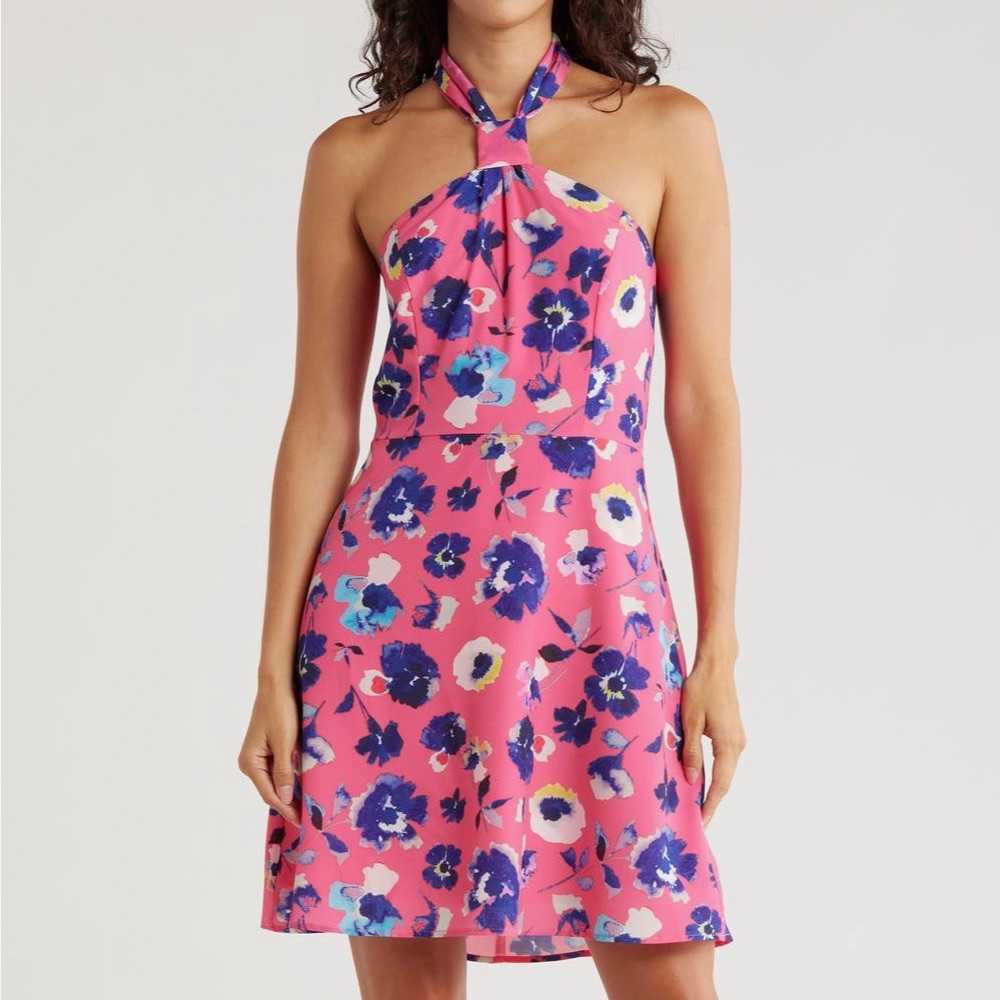 Hutch Pink And Blue Floral Halter Mini Dress Size 8 Nwt